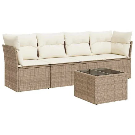 Salon de jardin avec coussins 5 pcs beige résine tressée 2