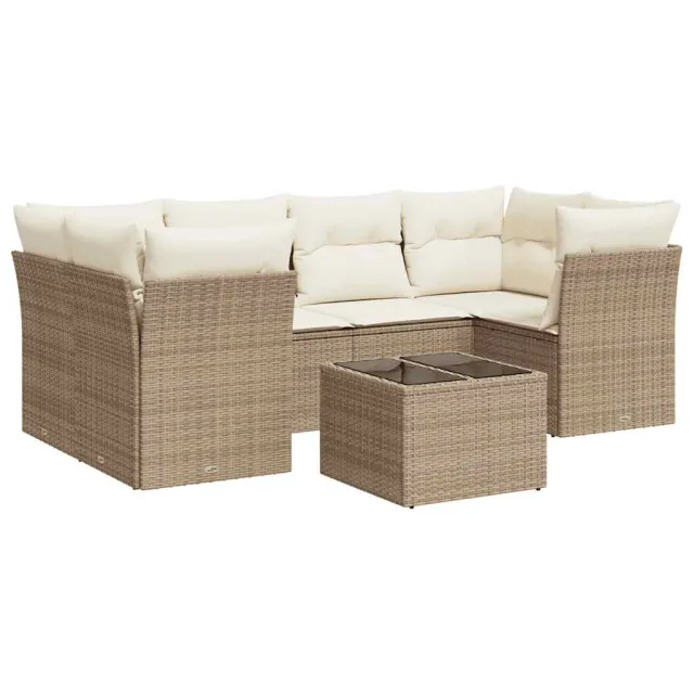 Salon de jardin avec coussins 7 pcs beige résine tressée