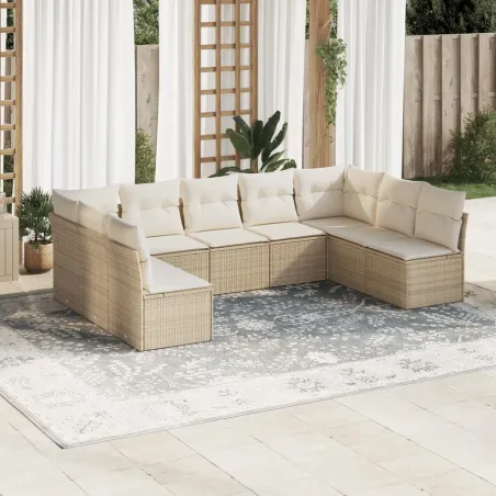Salon de jardin avec coussins 9 pcs beige résine tressée