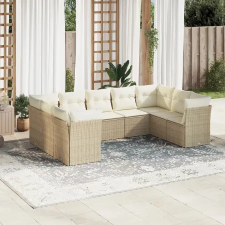 Salon de jardin avec coussins 9 pcs beige résine tressée