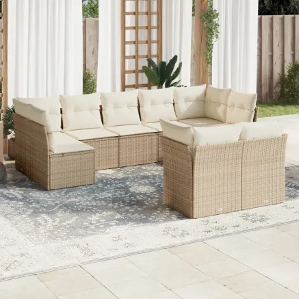 Salon de jardin avec coussins 9 pcs beige résine tressée