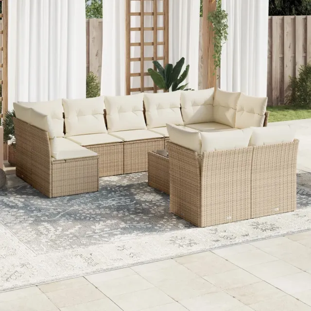 Salon de jardin avec coussins 10 pcs beige résine tressée