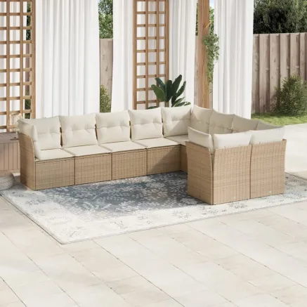 Salon de jardin avec coussins 9 pcs beige résine tressée