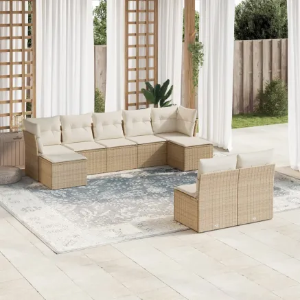 Salon de jardin avec coussins 9 pcs beige résine tressée