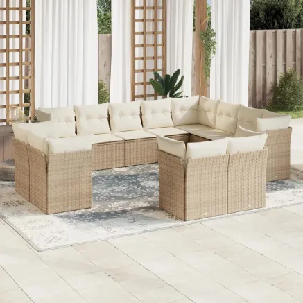 Salon de jardin avec coussins 12 pcs beige résine tressée