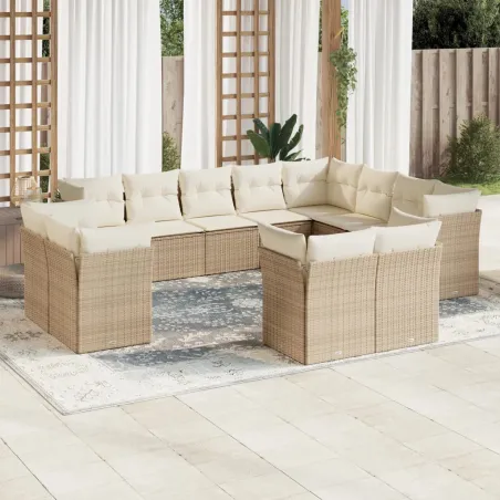 Salon de jardin avec coussins 12 pcs beige résine tressée