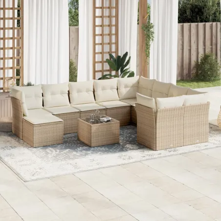 Salon de jardin 11 pcs avec coussins beige résine tressée