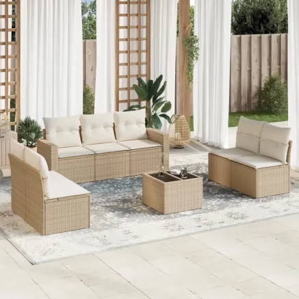 Salon de jardin avec coussins 8 pcs beige résine tressée