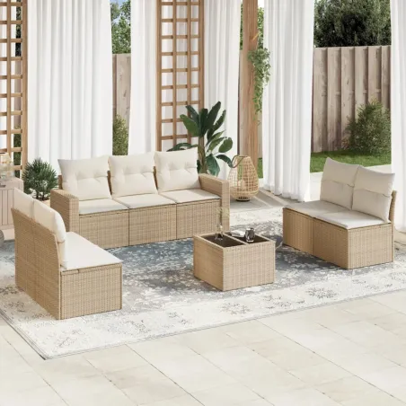 Salon de jardin avec coussins 8 pcs beige résine tressée