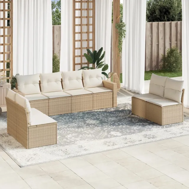 Salon de jardin avec coussins 9 pcs beige résine tressée