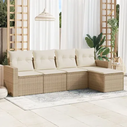 Salon de jardin avec coussins 5 pcs beige résine tressée