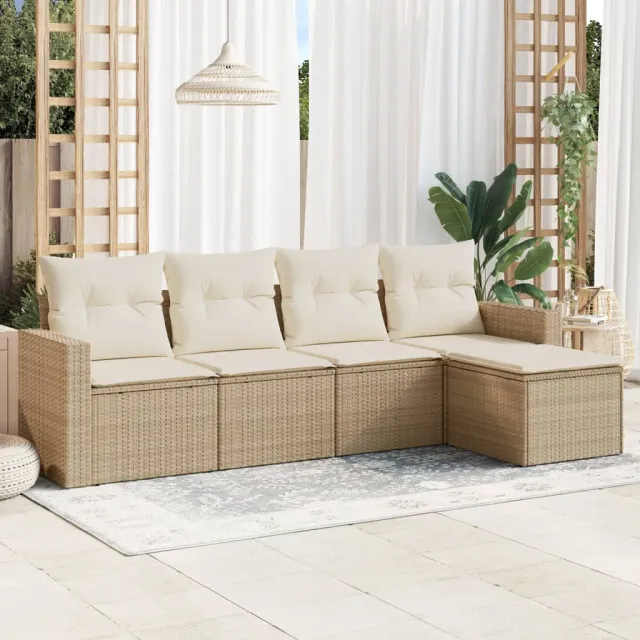Salon de jardin avec coussins 5 pcs beige résine tressée