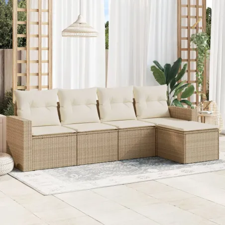 Salon de jardin avec coussins 5 pcs beige résine tressée