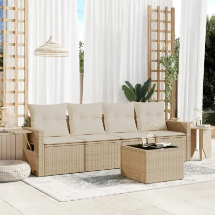 Salon de jardin avec coussins 5 pcs beige résine tressée