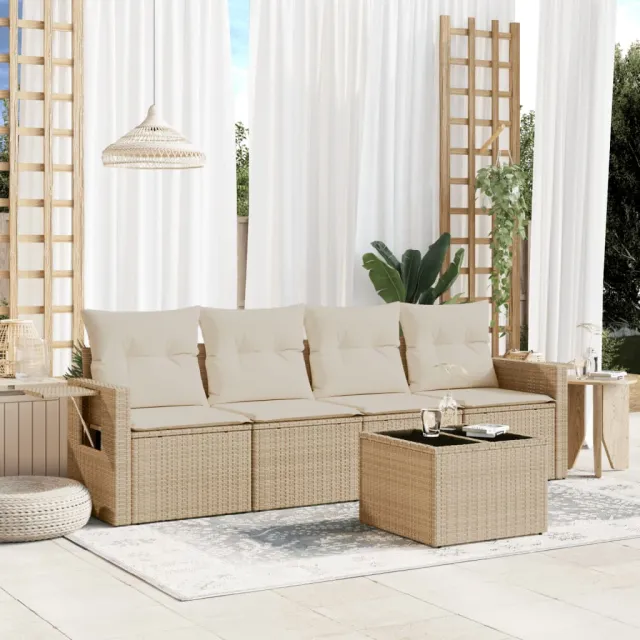 Salon de jardin avec coussins 5 pcs beige résine tressée