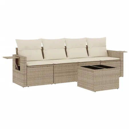 Salon de jardin avec coussins 5 pcs beige résine tressée