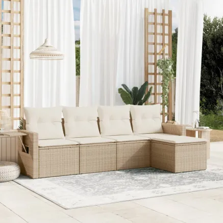 Salon de jardin avec coussins 5 pcs beige résine tressée
