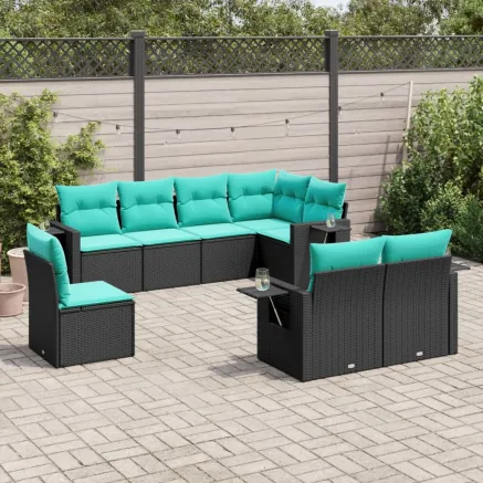 Salon de jardin 8 pcs avec coussins noir résine tressée