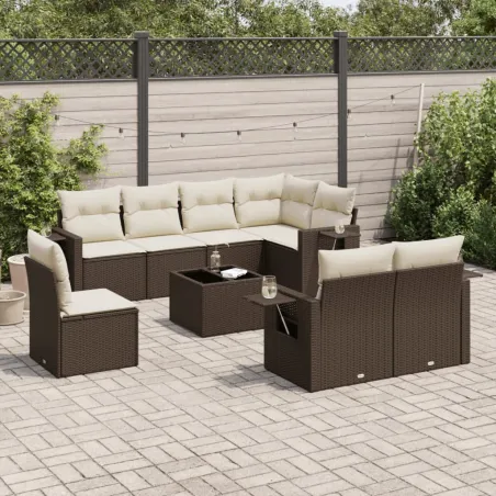 Salon de jardin avec coussins 9 pcs marron résine tressée