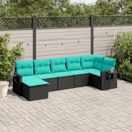 Salon de jardin 7 pcs avec coussins noir résine tressée