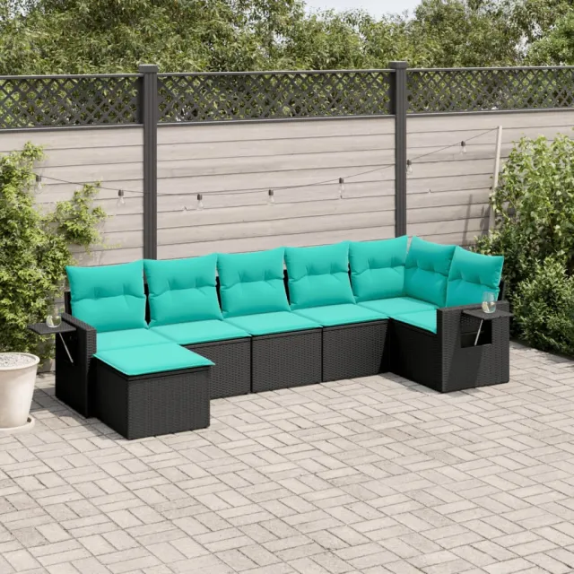 Salon de jardin 7 pcs avec coussins noir résine tressée