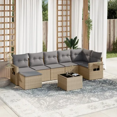 Salon de jardin avec coussins 8 pcs beige résine tressée