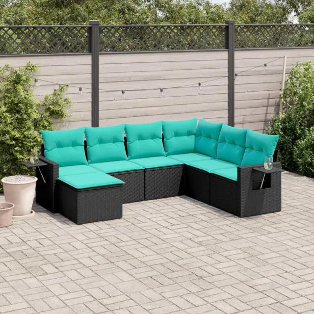 Salon de jardin 7 pcs avec coussins noir résine tressée