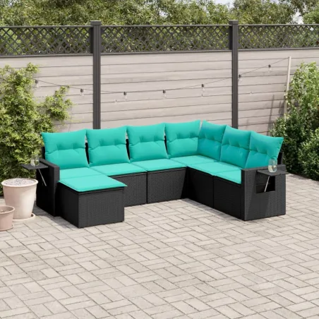 Salon de jardin 7 pcs avec coussins noir résine tressée