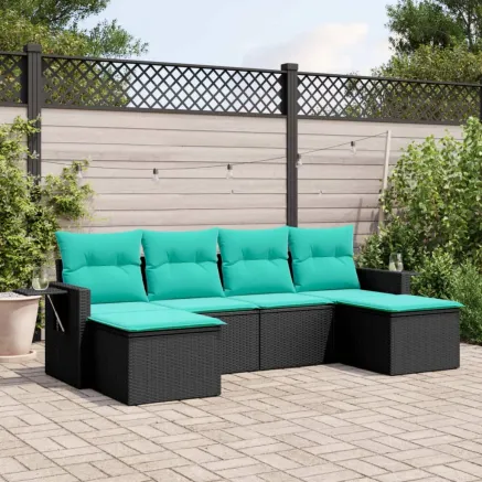 Salon de jardin 6 pcs avec coussins noir résine tressée