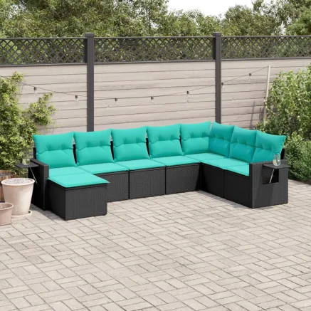 Salon de jardin 8 pcs avec coussins noir résine tressée
