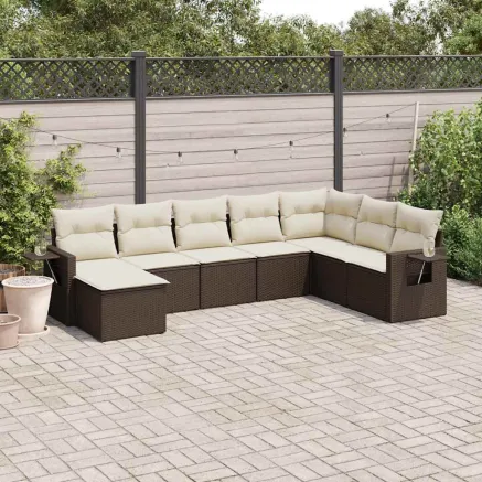 Salon de jardin 8 pcs avec coussins marron résine tressée