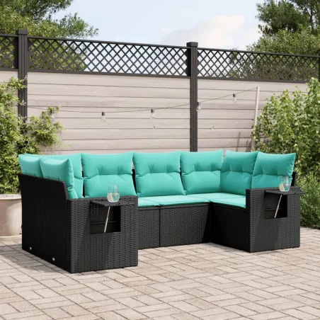 Salon de jardin 6 pcs avec coussins noir résine tressée