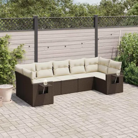 Salon de jardin avec coussins 7 pcs marron résine tressée