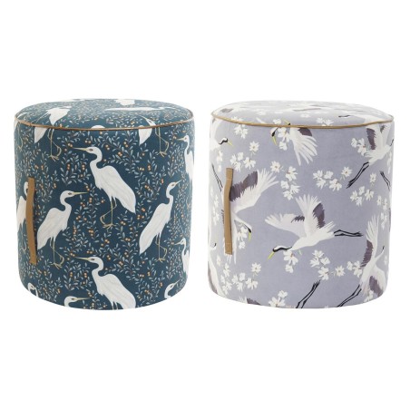 Voetensteun DKD Home Decor Blauw Wit Groen Hout Fluweel Vogel Orientaa