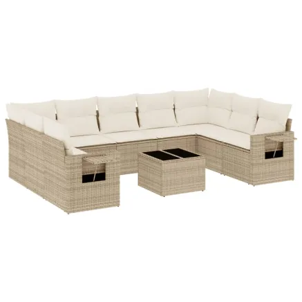 Salon de jardin avec coussins 10 pcs beige résine tressée 2