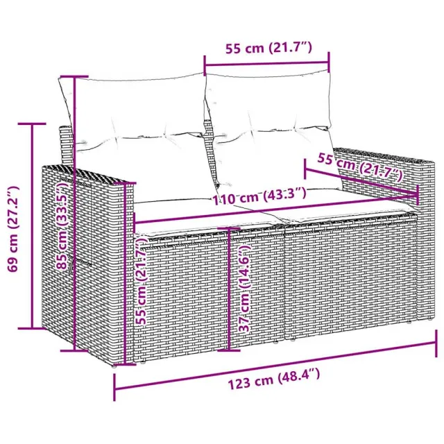 Salon de jardin avec coussins 9 pcs marron résine tressée