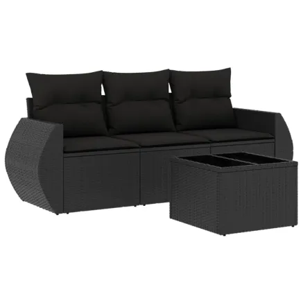 Salon de jardin 4 pcs avec coussins noir résine tressée 2
