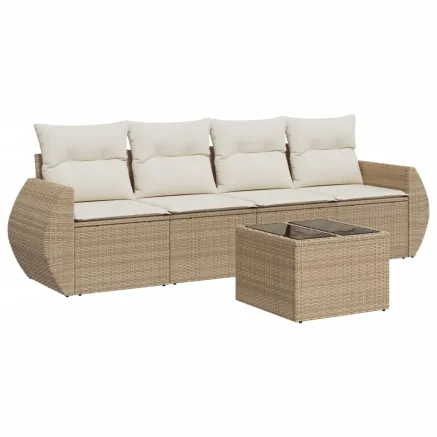 Salon de jardin avec coussins 5 pcs beige résine tressée 2