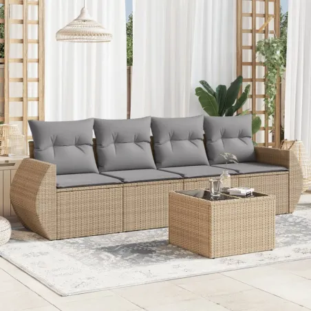 Salon de jardin avec coussins 5 pcs beige résine tressée