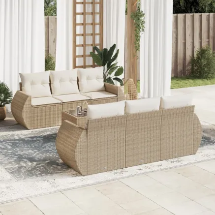 Salon de jardin avec coussins 7 pcs beige résine tressée