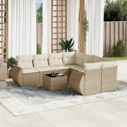 Salon de jardin avec coussins 9 pcs beige résine tressée