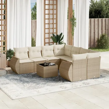 Salon de jardin avec coussins 9 pcs beige résine tressée