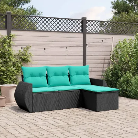 Salon de jardin 4 pcs avec coussins noir résine tressée