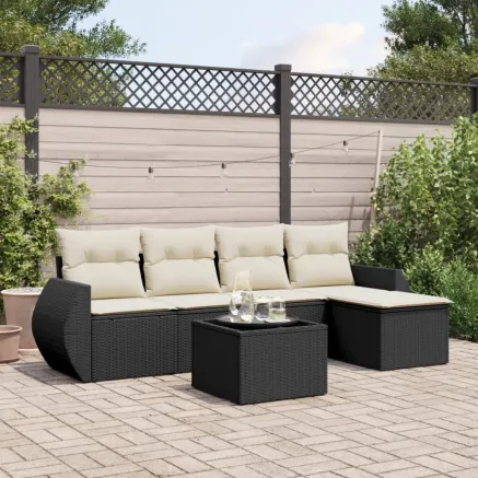 Salon de jardin 6 pcs avec coussins noir résine tressée