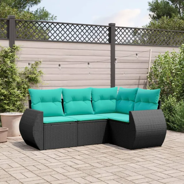 Salon de jardin 4 pcs avec coussins noir résine tressée