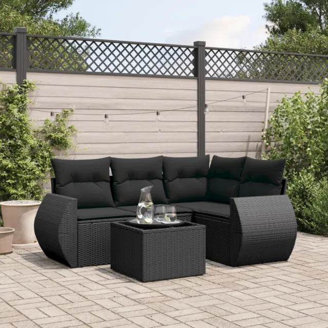 Salon de jardin 5 pcs avec coussins noir résine tressée
