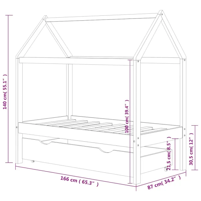 Cadre de lit pour enfant et un tiroir bois pin massif 80x160 cm