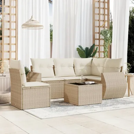 Salon de jardin avec coussins 6 pcs beige résine tressée