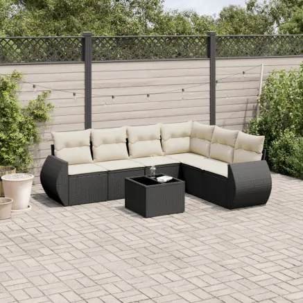 Salon de jardin 7 pcs avec coussins noir résine tressée