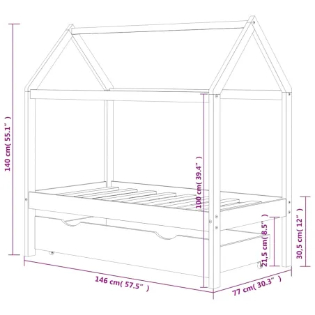 Cadre de lit d'enfant avec un tiroir Gris foncé Pin 70x140 cm